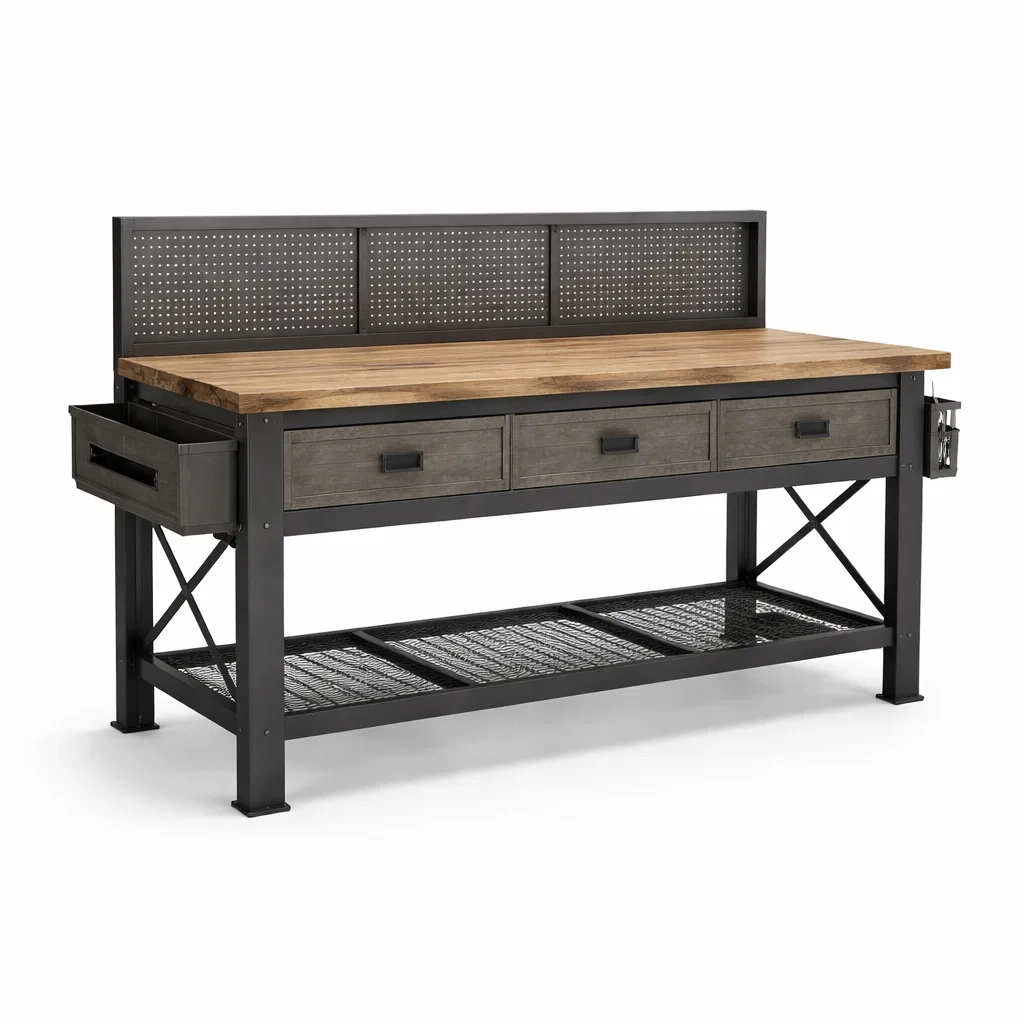 Établi en métal noir avec plateau en bois massif et tiroirs-myhomeyard