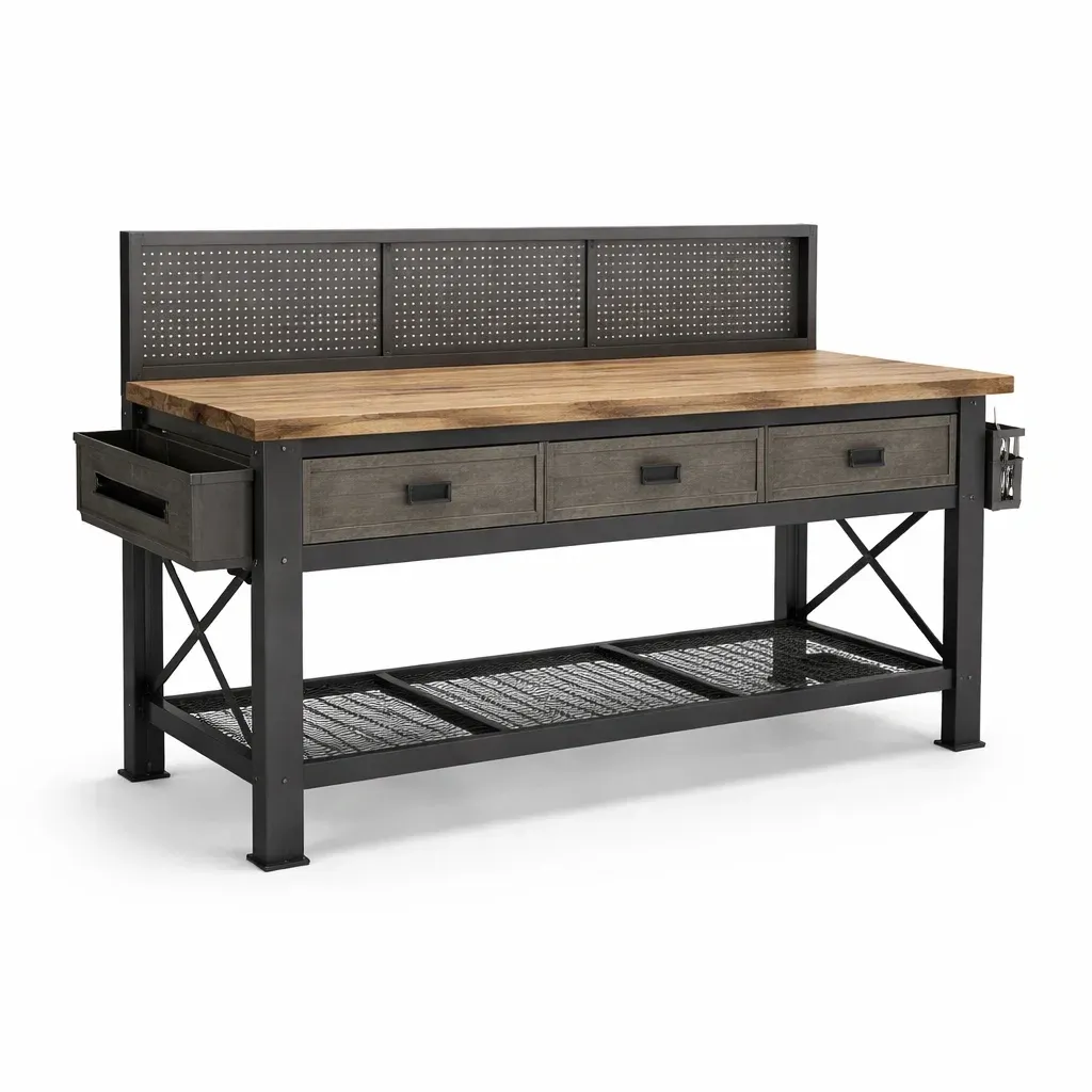 Établi en métal noir avec plateau en bois massif et tiroirs-myhomeyard
