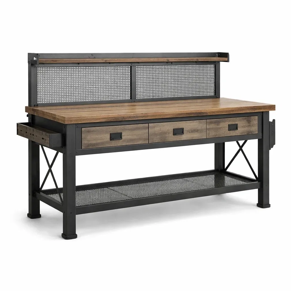 Établi industriel en métal et bois avec tiroirs et étagères-myhomeyard