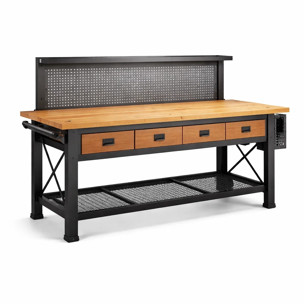 Établi en bois et métal noir avec quatre tiroirs-myhomeyard