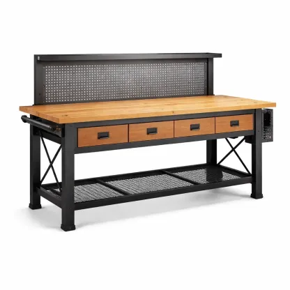 Établi en bois et métal noir avec quatre tiroirs-myhomeyard