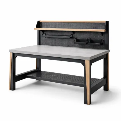 Établi de travail en bois et métal noir avec étagère-myhomeyard