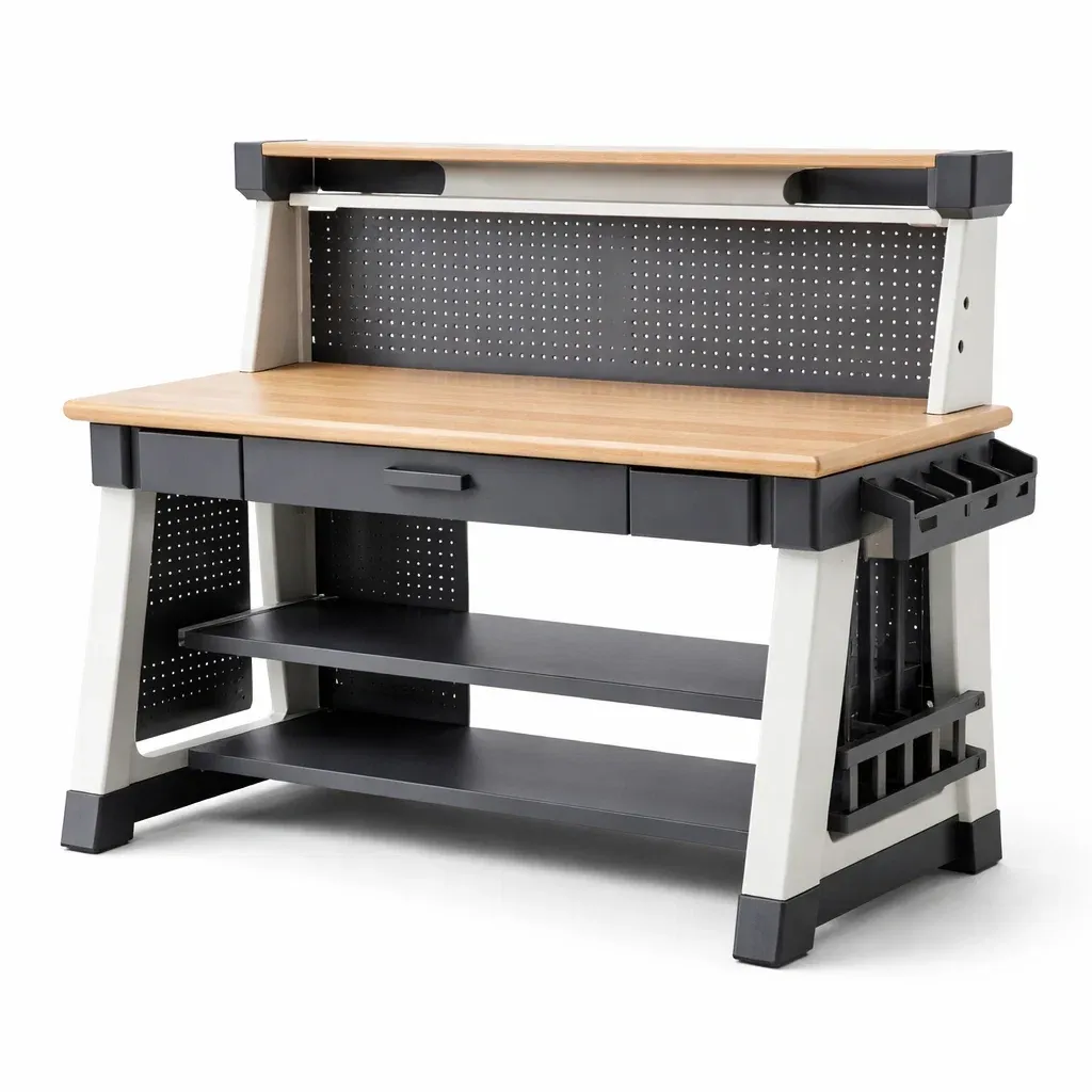 Établi atelier bois/noir métal avec étagères et tiroir-myhomeyard