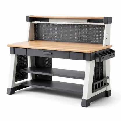 Établi atelier bois/noir métal avec étagères et tiroir-myhomeyard