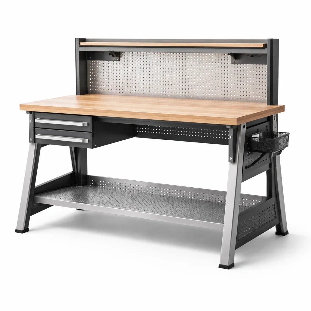 Établi en métal et bois avec 2 tiroirs et étagère-myhomeyard