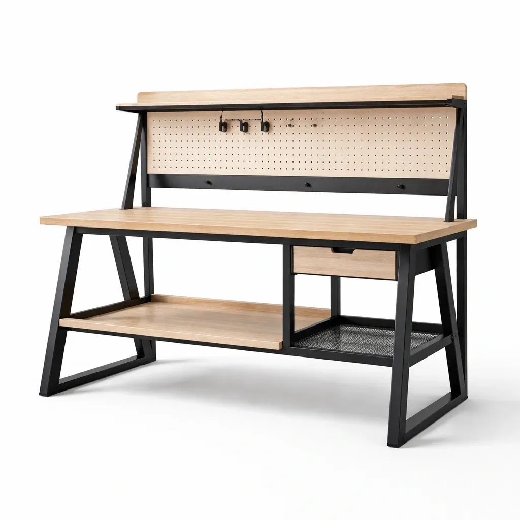 Établi en bois et métal avec panneau perforé-myhomeyard