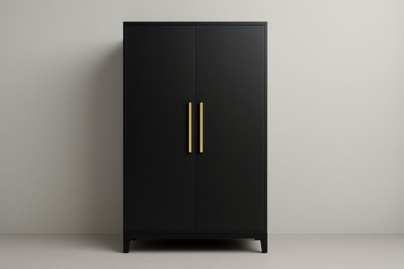 Armadio nero a due ante in legno MDF con maniglie dorate