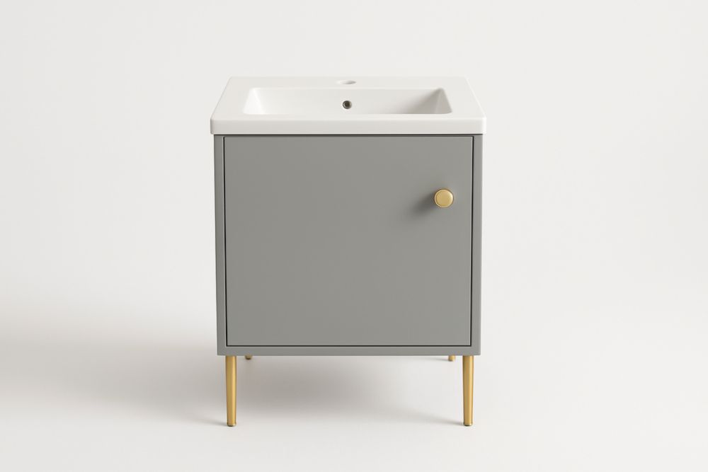 Mobile da bagno in MDF Grigio con Lavabo in Ceramica e Gambe in alluminio Dorato