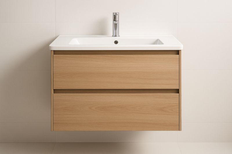 Mobile Bagno Sospeso Singolo in Legno di Rovere con Lavabo in Ceramica Bianca
