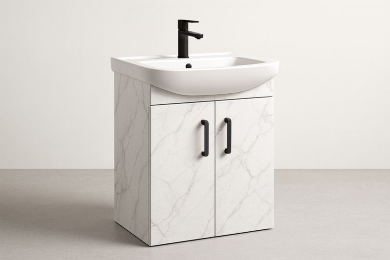 Mobile Bagno Singolo con Lavabo in Ceramica, Base in MDF Effetto Marmo e Rubinetto Nero