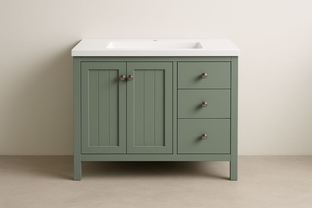 Mobile da bagno in legno verde con lavabo, due ante e tre cassetti 80x48x85 cm