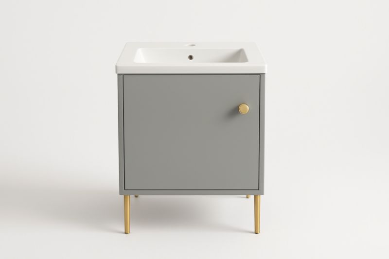 Mobile lavabo in MDF grigio con lavabo in ceramica bianco e gambe dorate 60x80x45 cm