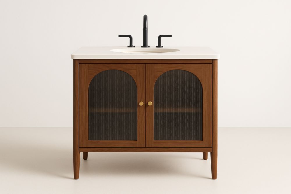 Mobiletto lavabo in legno marrone con vetro smerigliato e rubinetto nero