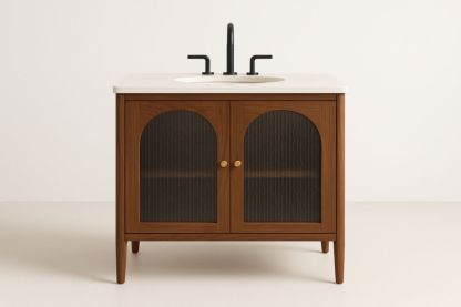 Mobiletto lavabo in legno marrone con vetro smerigliato e rubinetto nero