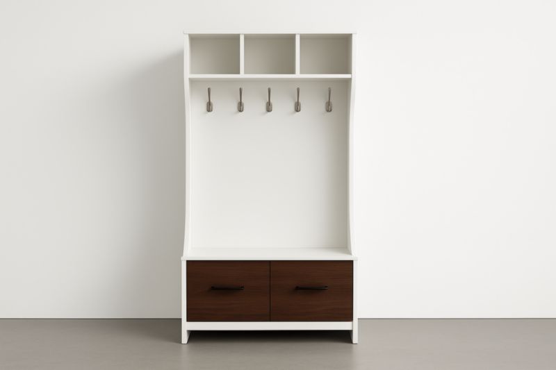 Appendiabiti in Legno Bianco e Marrone con 5 Ganci e 2 Cassetti