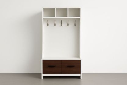 Appendiabiti in Legno Bianco e Marrone con 5 Ganci e 2 Cassetti