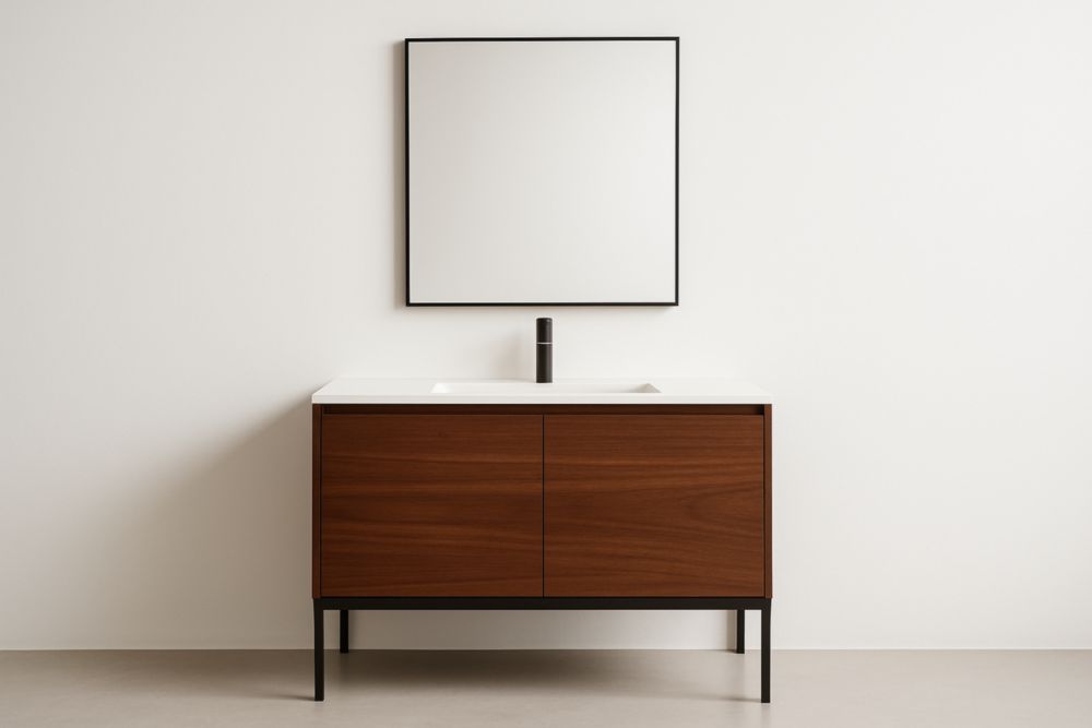 Mobile bagno in legno di noce e metallo con lavabo in ceramica bianca