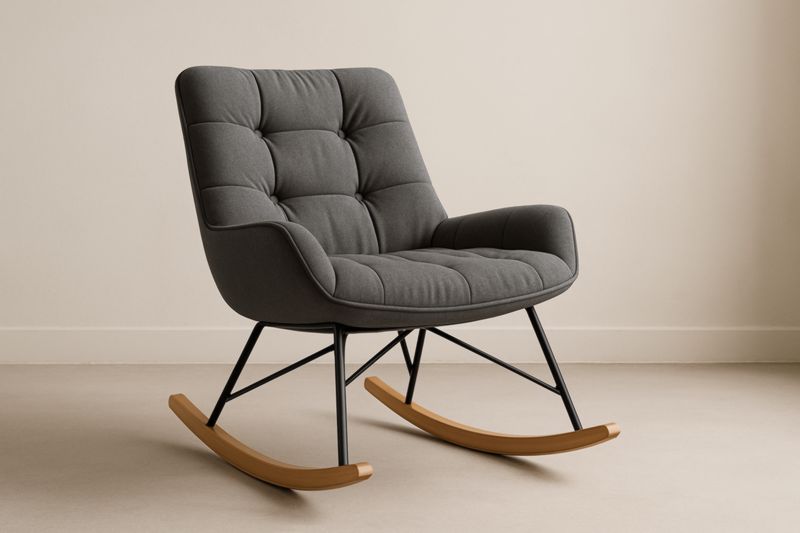 Fauteuil à bascule en tissu Gris acier avec cadre en acier et pieds en bois