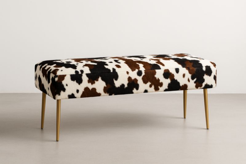 Banc en tissu motif vache pieds en métal doré 120x40x45 cm