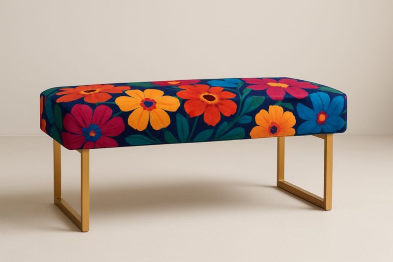 Banc en tissu à motifs floraux multicolores avec structure en métal