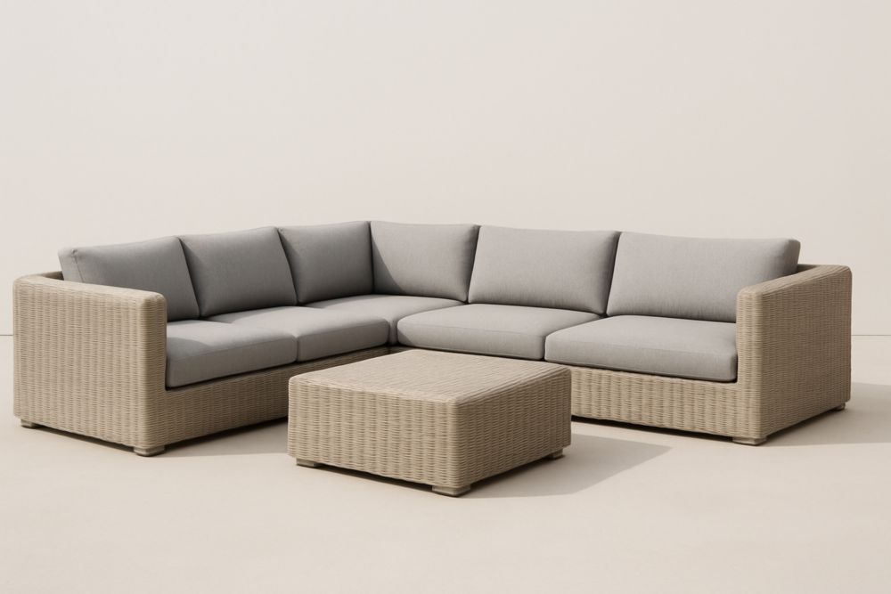 Canapé d'Angle en Résine Tressée avec Coussins Gris