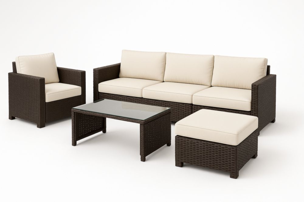 Ensemble de Salon de Jardin en Résine Tressée Marron avec Coussins Beiges et Table en Verre