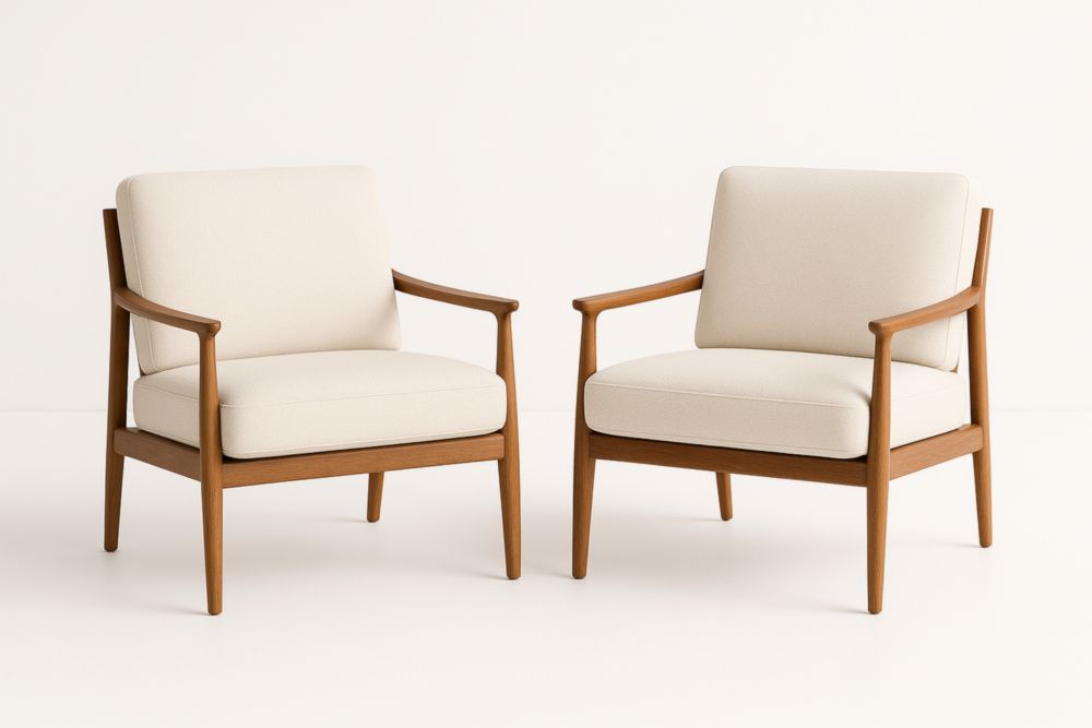 Lot de 2 Fauteuils en Bois Massif et Tissu Beige