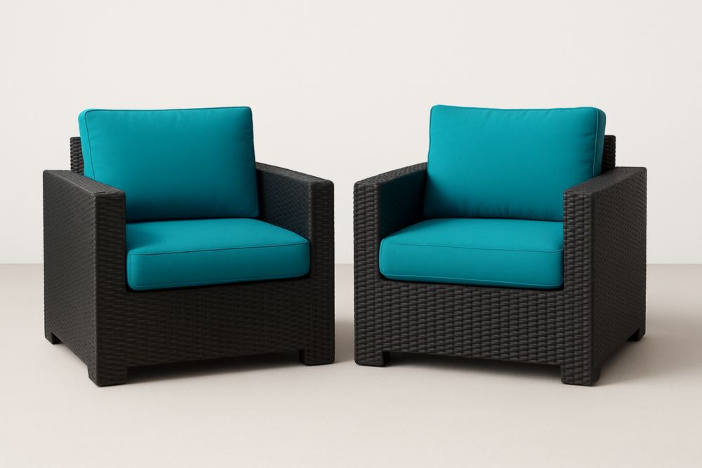 Fauteuils en résine tressée noire avec coussins turquoise - Lot de 2