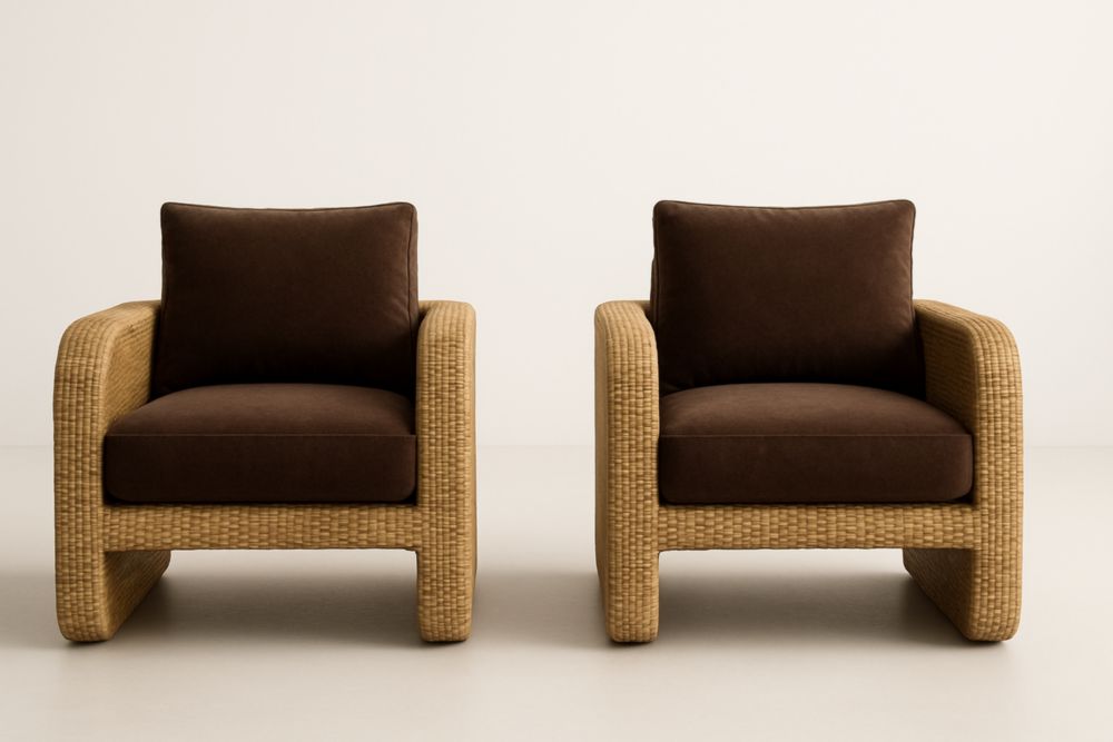 Paire de fauteuils en rotin et tissu marron