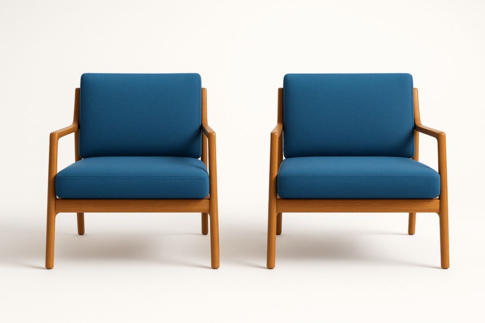 Fauteuils en Bois Hêtre et Tissu Bleu 2 Pièces