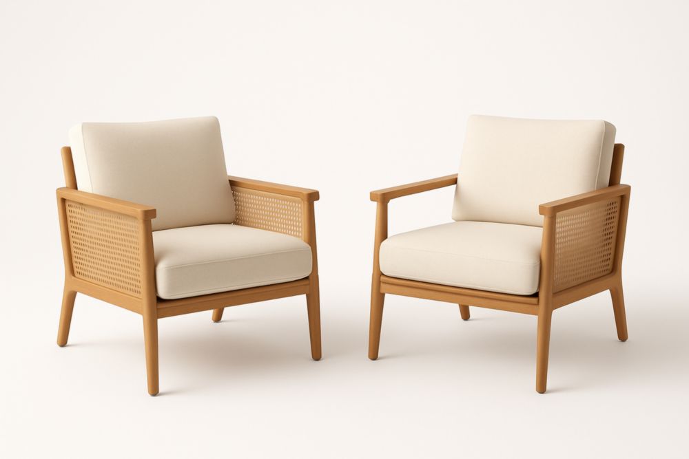 Lot de 2 fauteuils en bois avec tissu beige