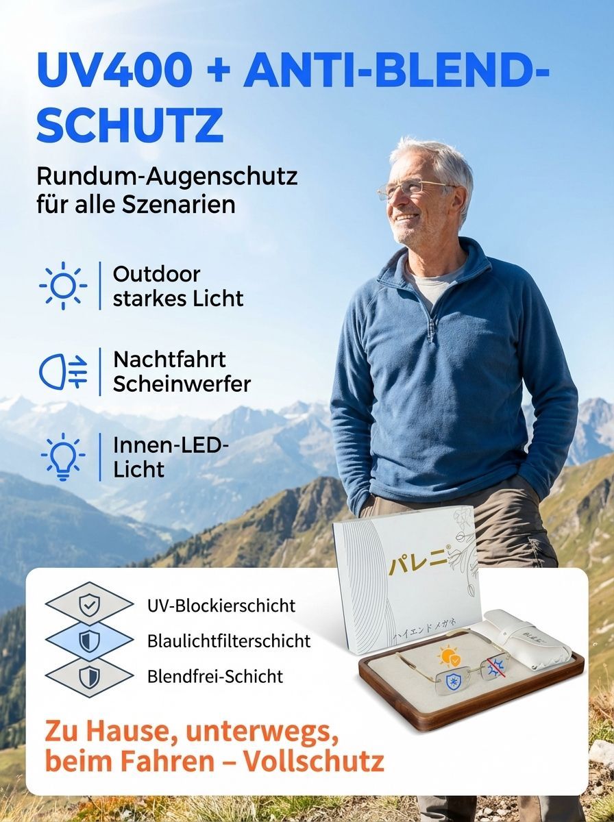 Selbstanpassender Fokus, kein Sehtest nötig: Intelligente Autofokus-Brille 👓. Deutsche Handwerkskunst aus 100-jähriger Manufaktur 🇩🇪. Intelligente Selbsttönung und Blaulichtschutz ☀️🚫. Ultraleichtes Luftfahrt-Memory-Material ✈️, 20 Jahre extrem langle