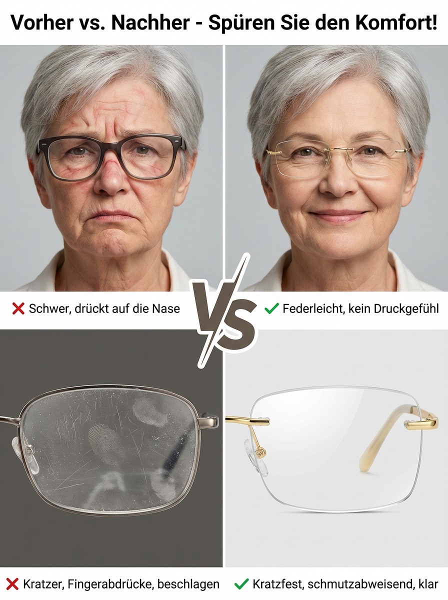Selbstanpassender Fokus, kein Sehtest nötig: Intelligente Autofokus-Brille 👓. Deutsche Handwerkskunst aus 100-jähriger Manufaktur 🇩🇪. Intelligente Selbsttönung und Blaulichtschutz ☀️🚫. Ultraleichtes Luftfahrt-Memory-Material ✈️, 20 Jahre extrem langle