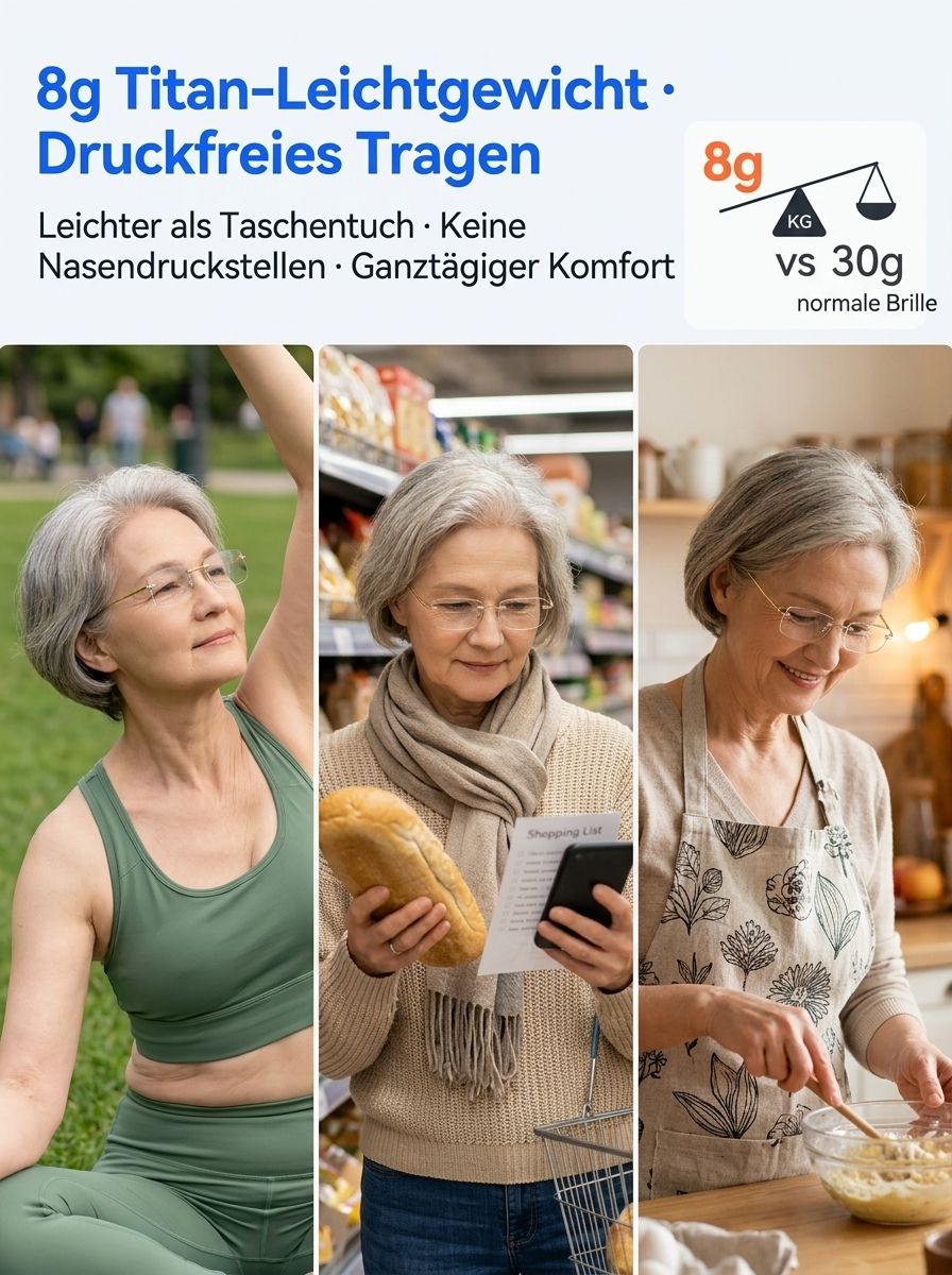 Selbstanpassender Fokus, kein Sehtest nötig: Intelligente Autofokus-Brille 👓. Deutsche Handwerkskunst aus 100-jähriger Manufaktur 🇩🇪. Intelligente Selbsttönung und Blaulichtschutz ☀️🚫. Ultraleichtes Luftfahrt-Memory-Material ✈️, 20 Jahre extrem langle