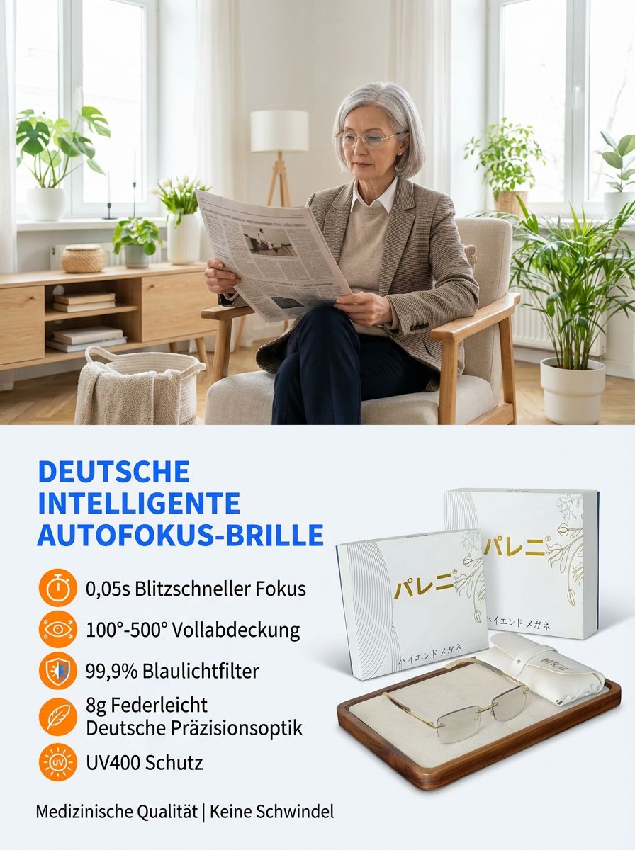 Selbstanpassender Fokus, kein Sehtest nötig: Intelligente Autofokus-Brille 👓. Deutsche Handwerkskunst aus 100-jähriger Manufaktur 🇩🇪. Intelligente Selbsttönung und Blaulichtschutz ☀️🚫. Ultraleichtes Luftfahrt-Memory-Material ✈️, 20 Jahre extrem langle
