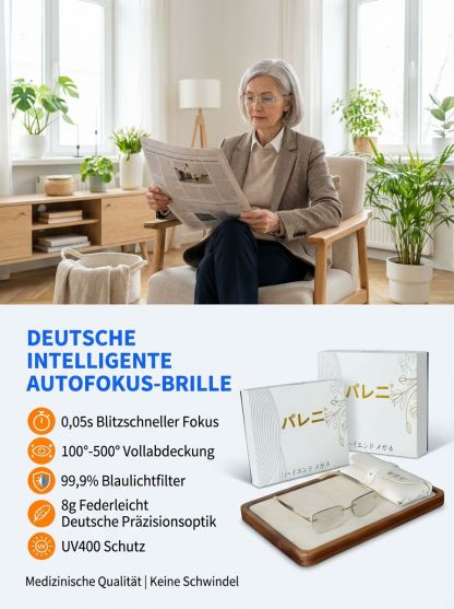 Selbstanpassender Fokus, kein Sehtest nötig: Intelligente Autofokus-Brille 👓. Deutsche Handwerkskunst aus 100-jähriger Manufaktur 🇩🇪. Intelligente Selbsttönung und Blaulichtschutz ☀️🚫. Ultraleichtes Luftfahrt-Memory-Material ✈️, 20 Jahre extrem langle