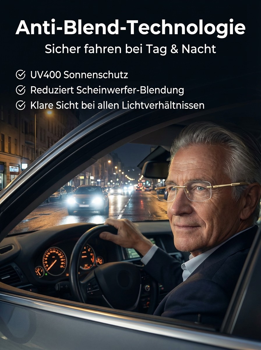 Selbstanpassender Fokus, kein Sehtest nötig: Intelligente Autofokus-Brille 👓. Deutsche Handwerkskunst aus 100-jähriger Manufaktur 🇩🇪. Intelligente Selbsttönung und Blaulichtschutz ☀️🚫. Ultraleichtes Luftfahrt-Memory-Material ✈️, 20 Jahre extrem langle