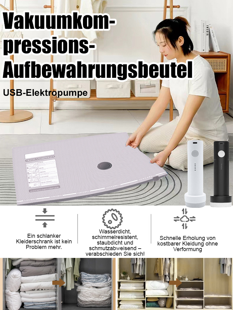 【Wasserdicht, schimmelresistent, milbensicher】USB-Elektropumpen-Vakuum-Kompressions-Aufbewahrungsbeutel