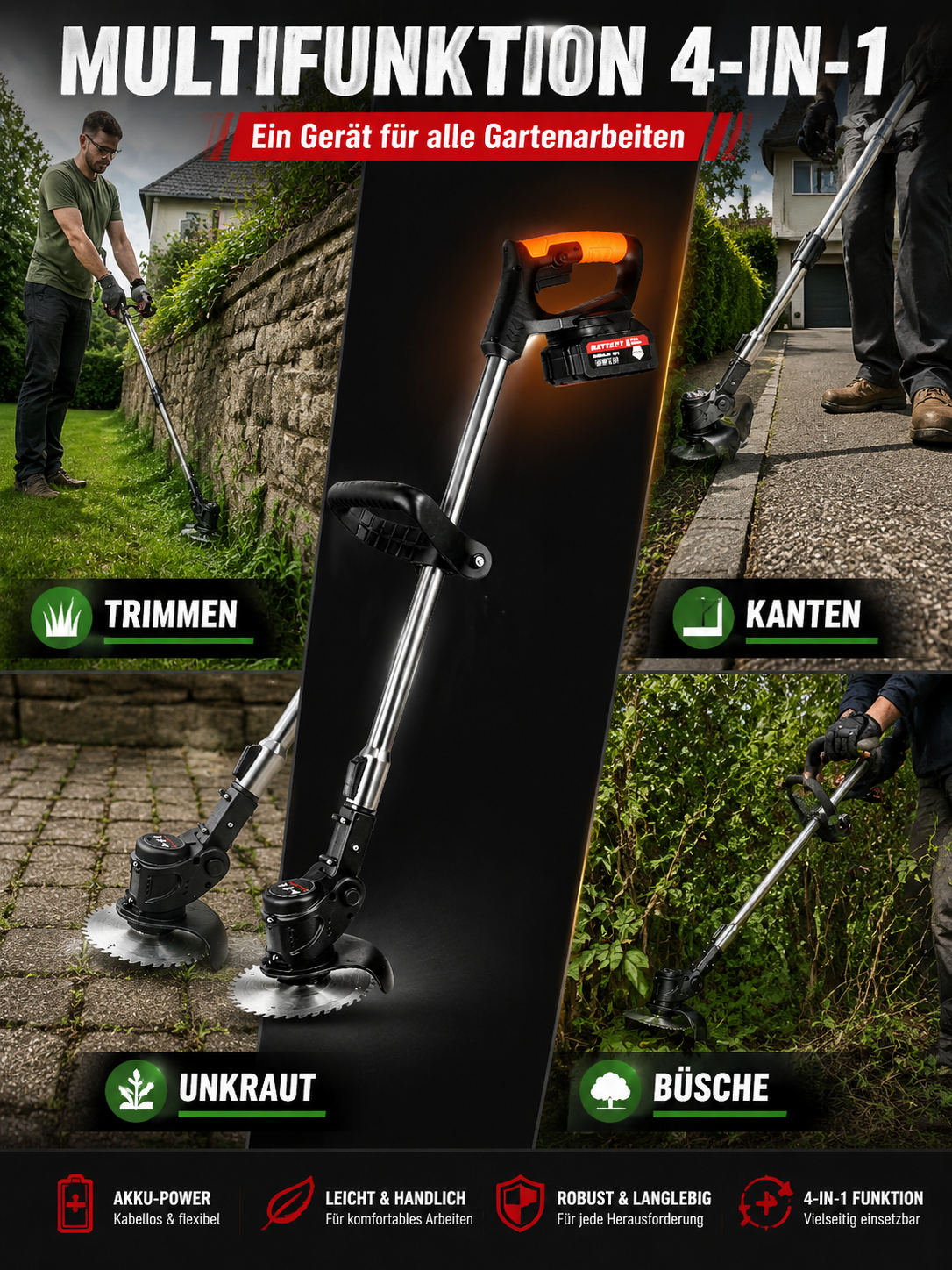 【Lange Akkulaufzeit】Elektrischer faltbarer Rasenmäher 