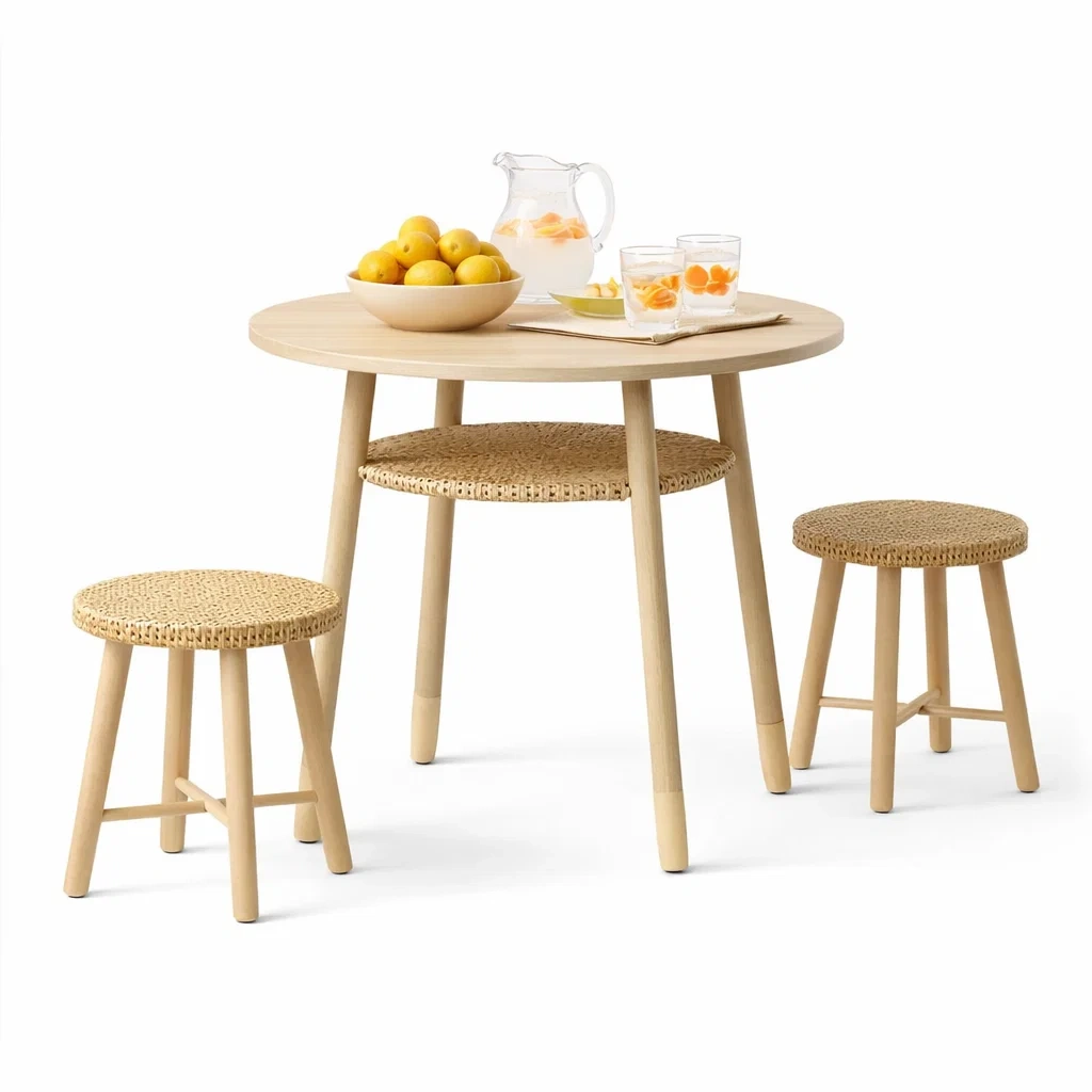 Table ronde bois clair avec tabourets tresses-primepicket