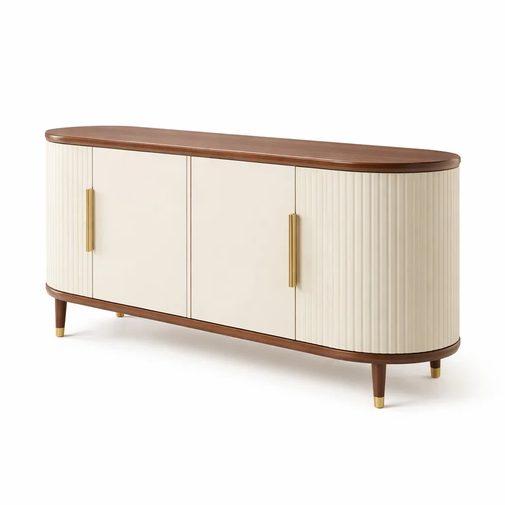 Buffet bas bois fonce avec portes creme striees-primepicket