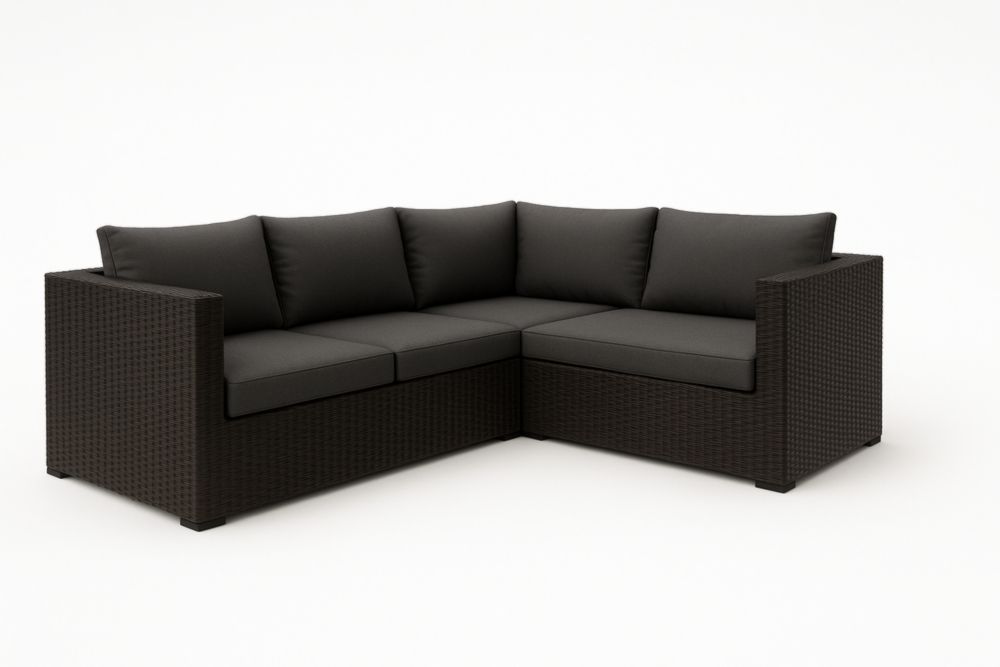 Divano Angolare per Esterni in Rattan con Cuscini Neri-Placelayouts