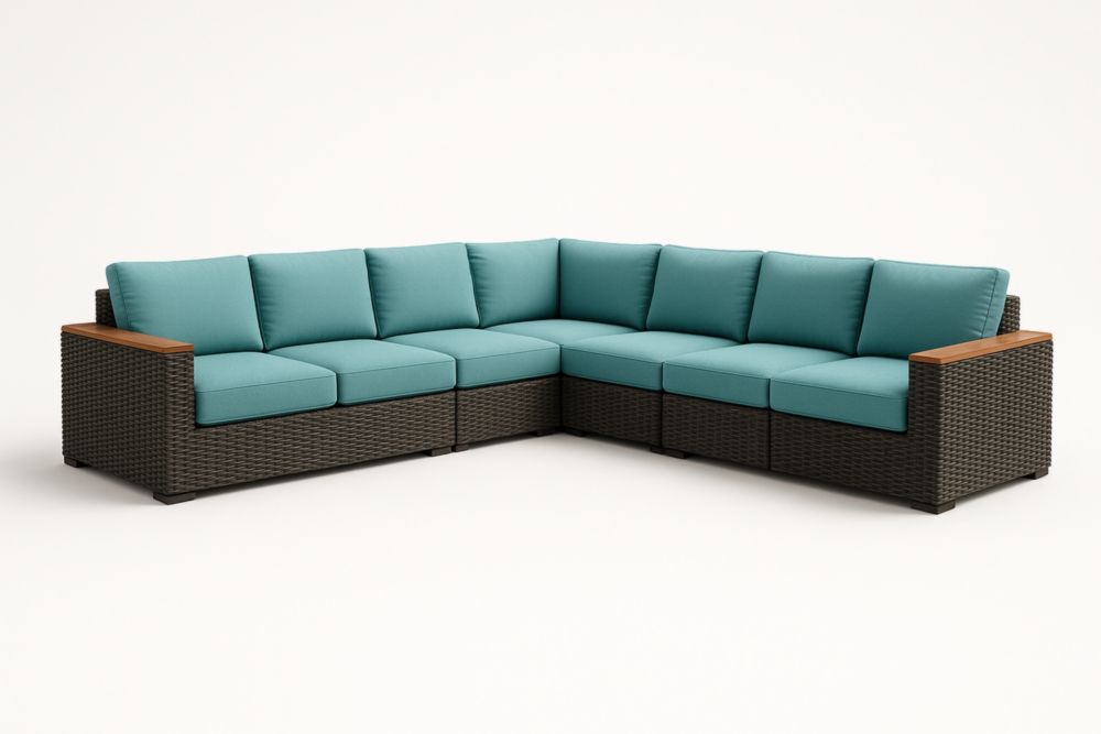 Divano angolare modulare in rattan con cuscini in poliestere turchese-Placelayouts