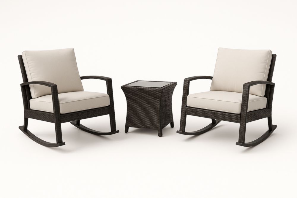 Set da Giardino in Rattan Sintetico con Sedie a Dondolo e Tavolino in Vetro Temperato-Placelayouts