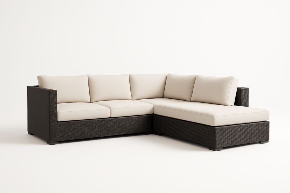 Divano angolare in rattan sintetico marrone scuro con cuscini crema-Placelayouts