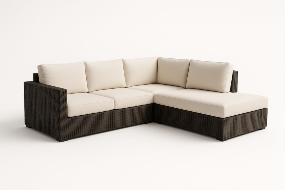 Divano Angolare da Esterno in Rattan Marrone con Cuscini Crema-Placelayouts