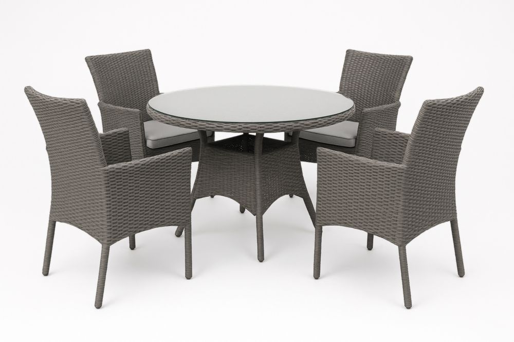 Set tavolo rotondo in vetro temperato con 4 sedie in rattan Grigio-Placelayouts