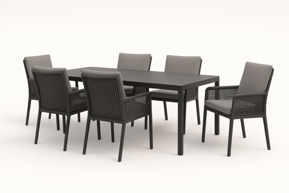 Set tavolo rettangolare con 6 sedie in alluminio e poliestere nero-Placelayouts