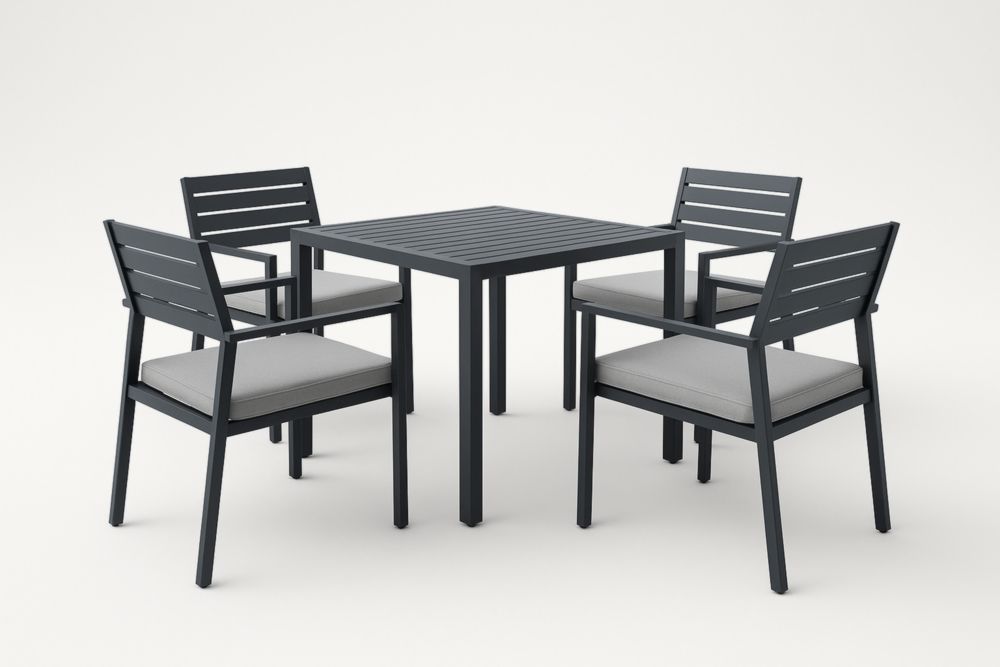 Set Tavolo Quadrato con 4 Sedie in Alluminio Nero e Cuscini Grigi-Placelayouts