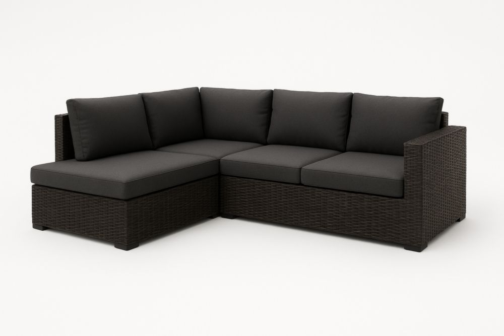 Divano angolare in rattan sintetico nero con cuscini in poliestere 210x140x85 cm-Placelayouts